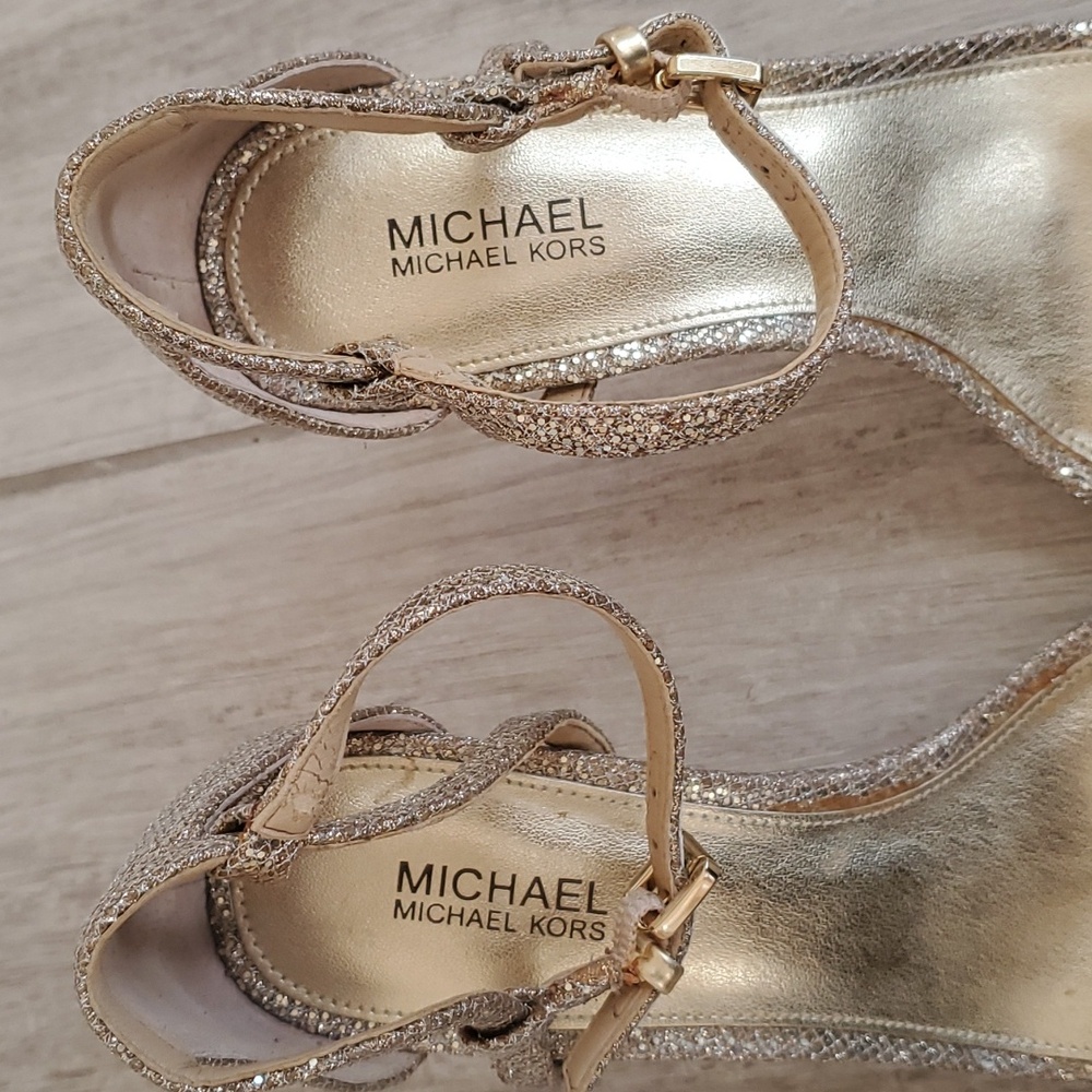 Michael Kors Ava Size Sand Glitter Mid-Heel Sandals Shoes W/Ankle Strap - Picture 12 of 16